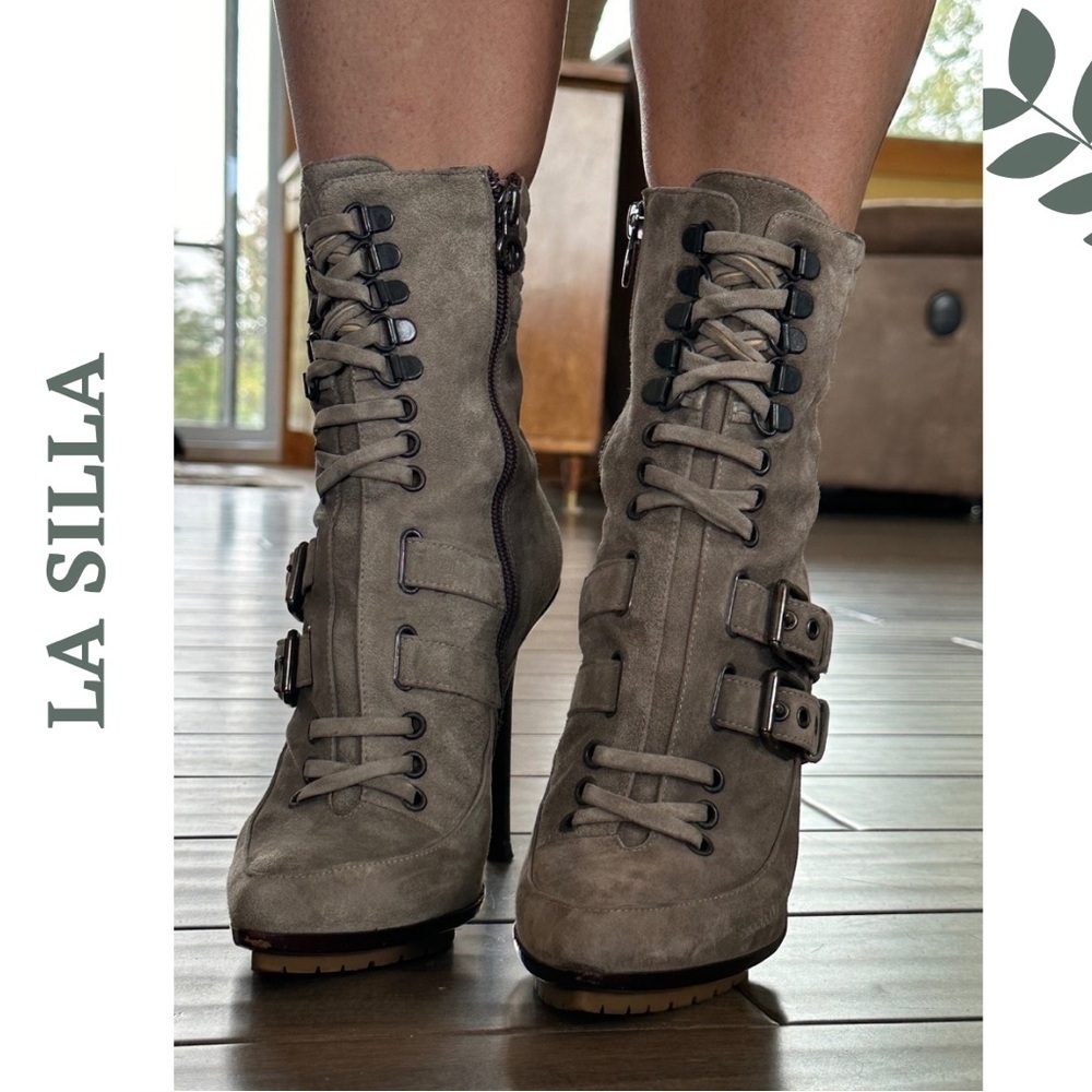 Enio Silla For Le Silla Grey Suede Platform Ankle Boots Stilletto Buckle Size 7 - Picture 8 of 11